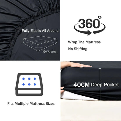 2 Piece Fitted Sheet Set- Fitted Sheet & Pillowcases -Breathable Bedding - Wrinkle, Fade, Stain Resistant- 40cm Deep Pocket Fitted Bed Sheet Set(Black,Single) - Image 3