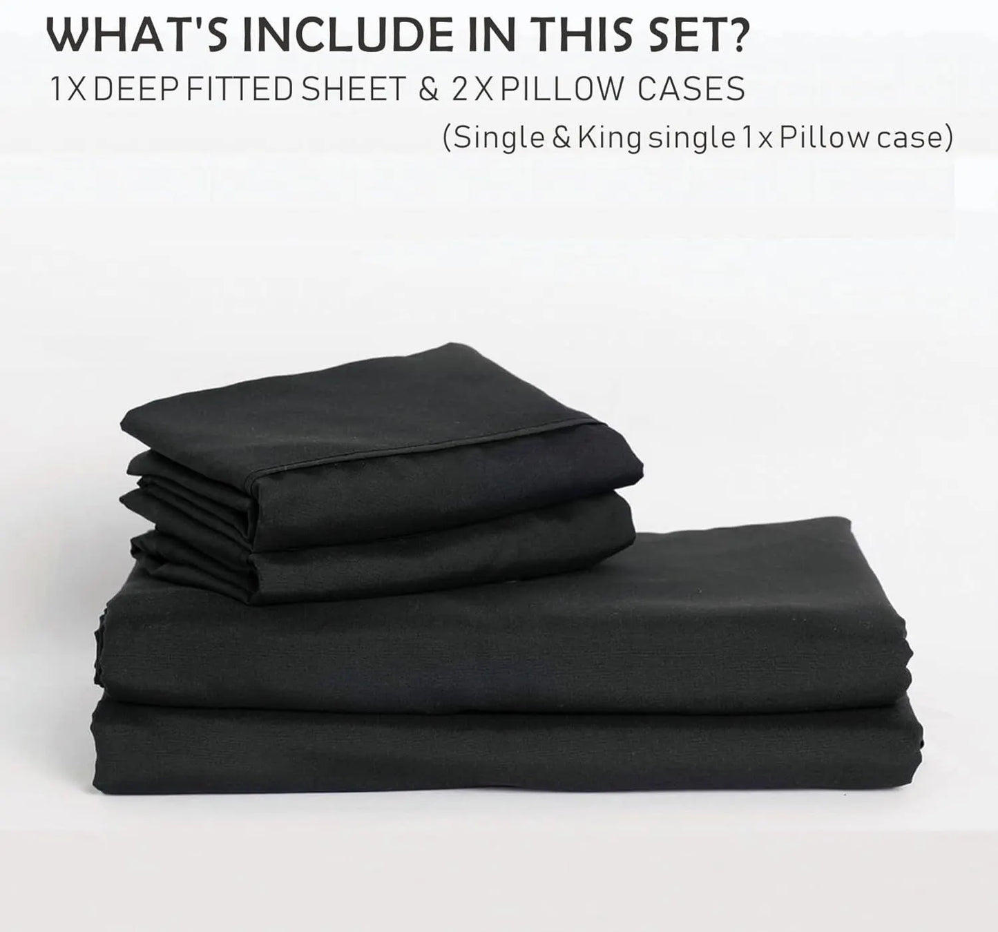 2 Piece Fitted Sheet Set- Fitted Sheet & Pillowcases -Breathable Bedding - Wrinkle, Fade, Stain Resistant- 40cm Deep Pocket Fitted Bed Sheet Set(Black,Single) - Image 8