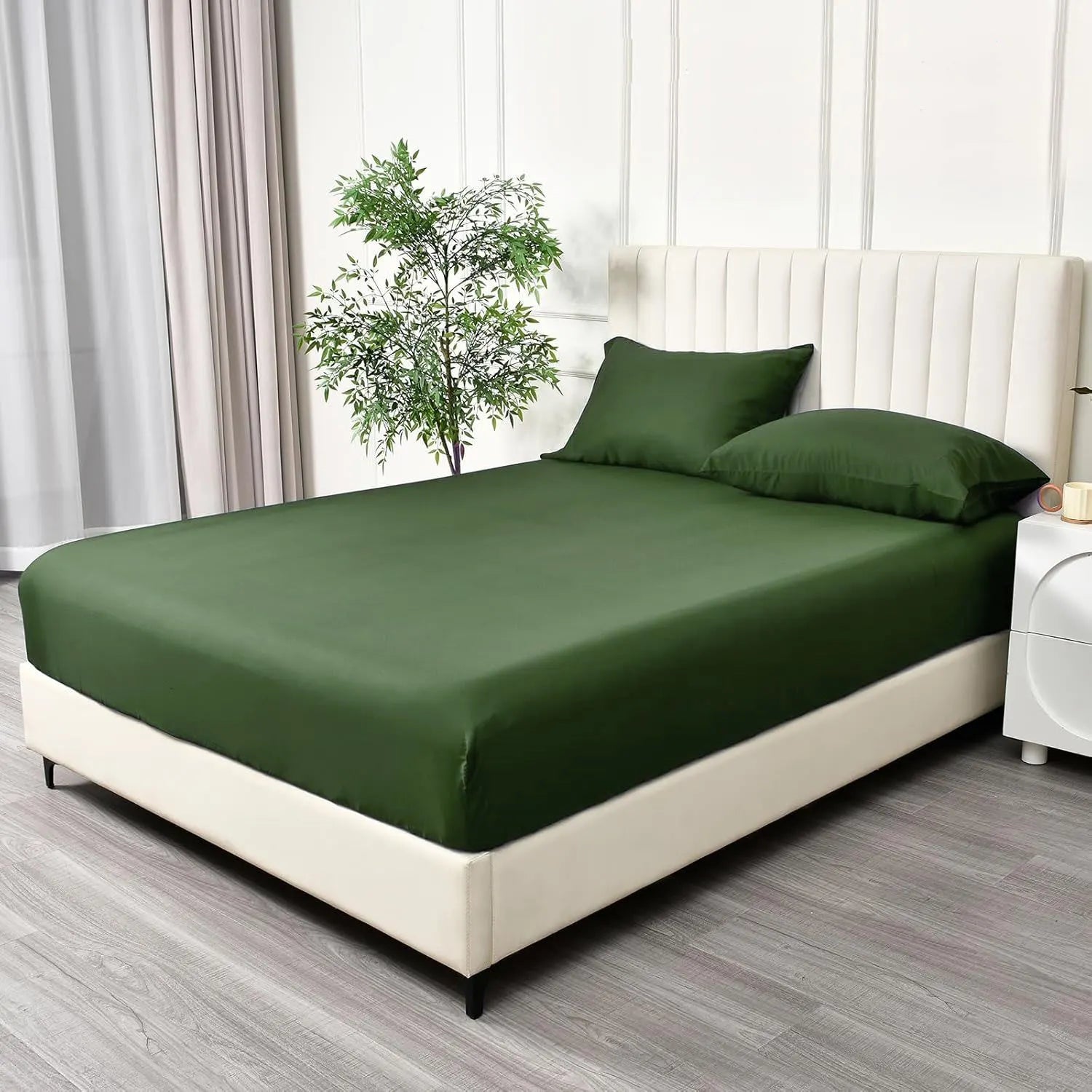 2 Piece Fitted Sheet Set- Fitted Sheet & Pillowcases -Breathable Bedding - Wrinkle, Fade, Stain Resistant- 40cm Deep Pocket Fitted Bed Sheet Set(Olive green,Single) - Image 2