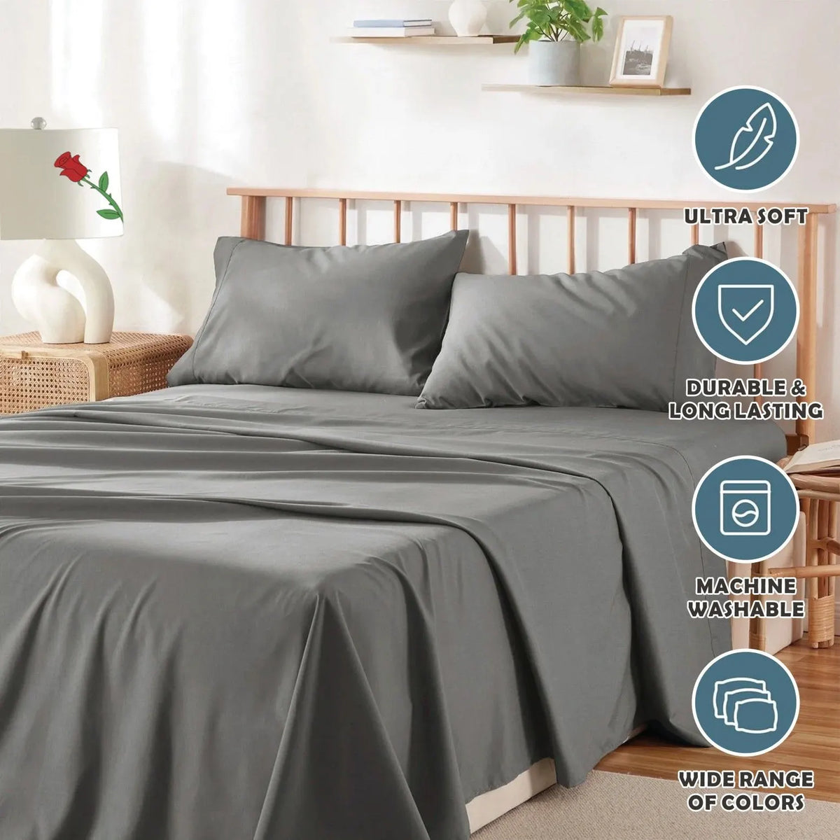 3 Piece Bed Sheet Set- Bedding Sheets & Pillowcases -Breathable Bedding - Wrinkle, Fade, Stain Resistant-Deep Pocket Flat Fitted Bed Sheet Set(Grey,Single) - Image 7