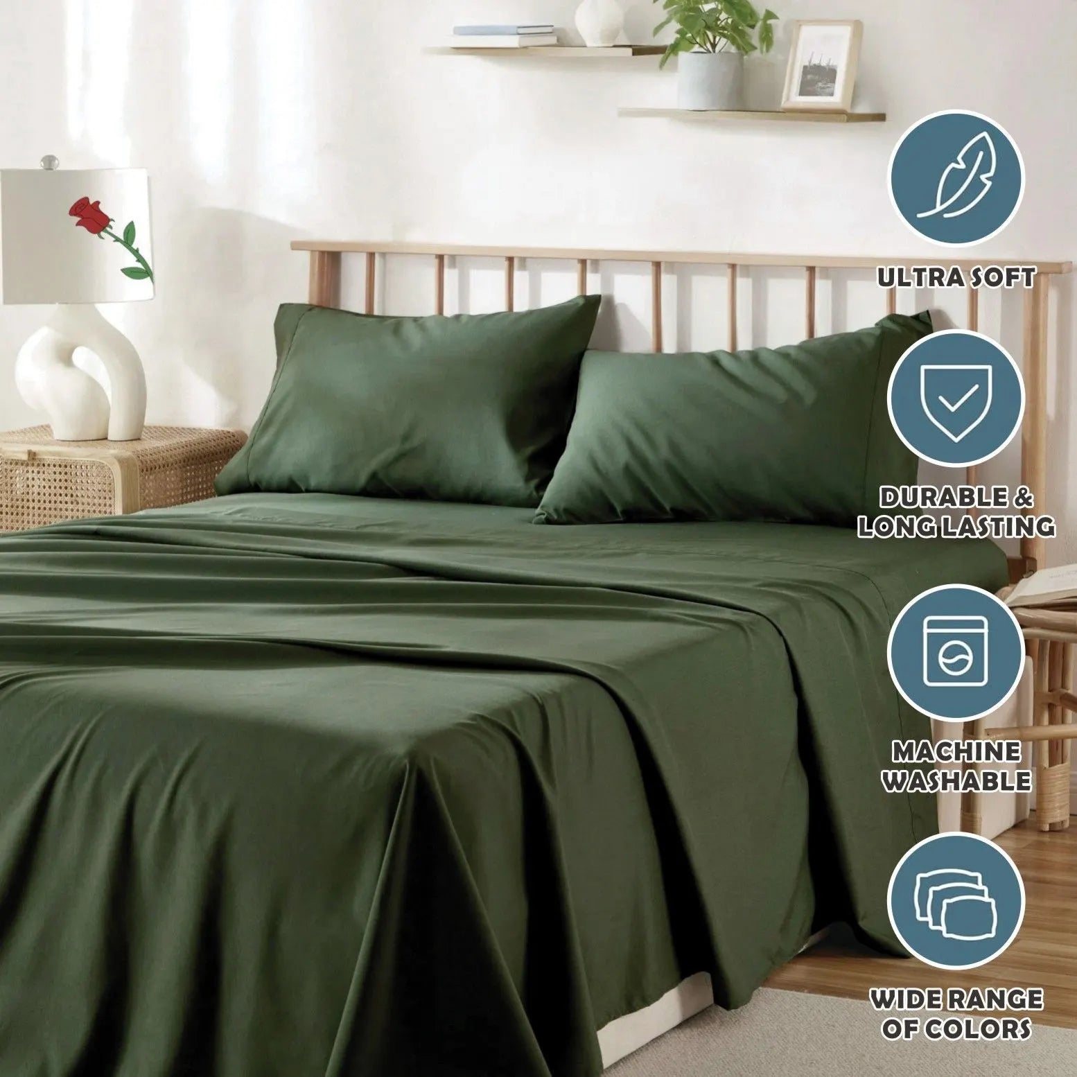3 Piece Bed Sheet Set- Bedding Sheets & Pillowcases -Breathable Bedding - Wrinkle, Fade, Stain Resistant-Deep Pocket Flat Fitted Bed Sheet Set(Olive green,Single) - Image 6