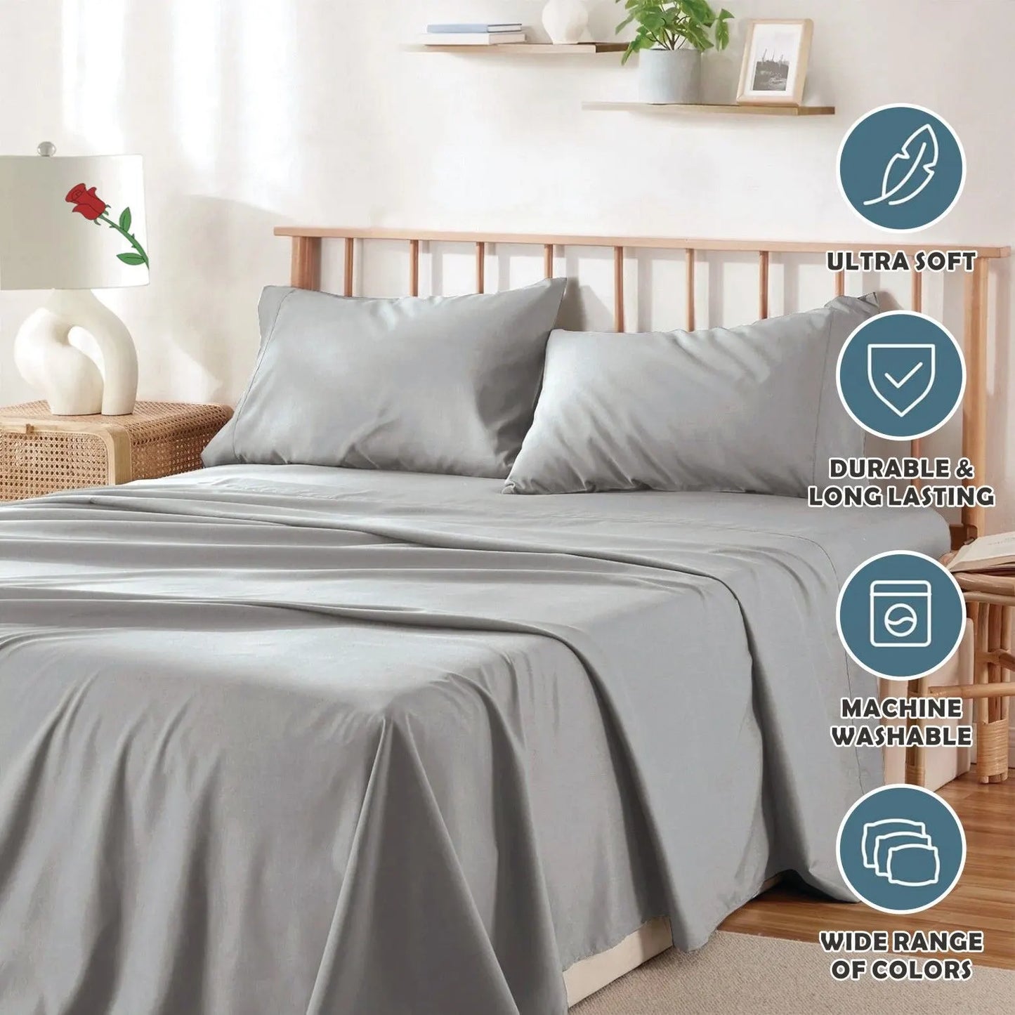 3 Piece Bed Sheet Set- Bedding Sheets & Pillowcases -Breathable Bedding - Wrinkle, Fade, Stain Resistant-Deep Pocket Flat Fitted Bed Sheet Set(Silver-gray,Single) - Image 6