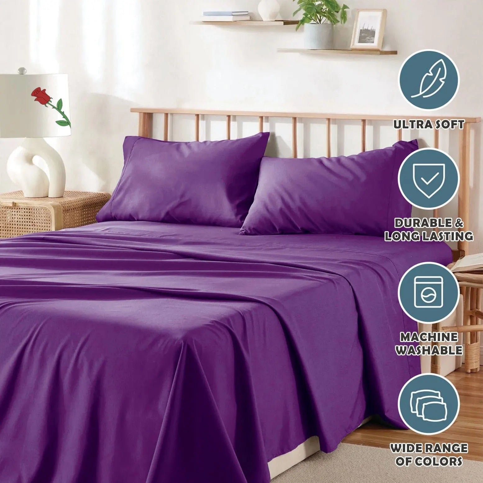 3 Piece Bed Sheet Set- Bedding Sheets & Pillowcases -Breathable Bedding - Wrinkle, Fade, Stain Resistant-Deep Pocket Flat Fitted Bed Sheet Set(Purple,Single) - Image 6