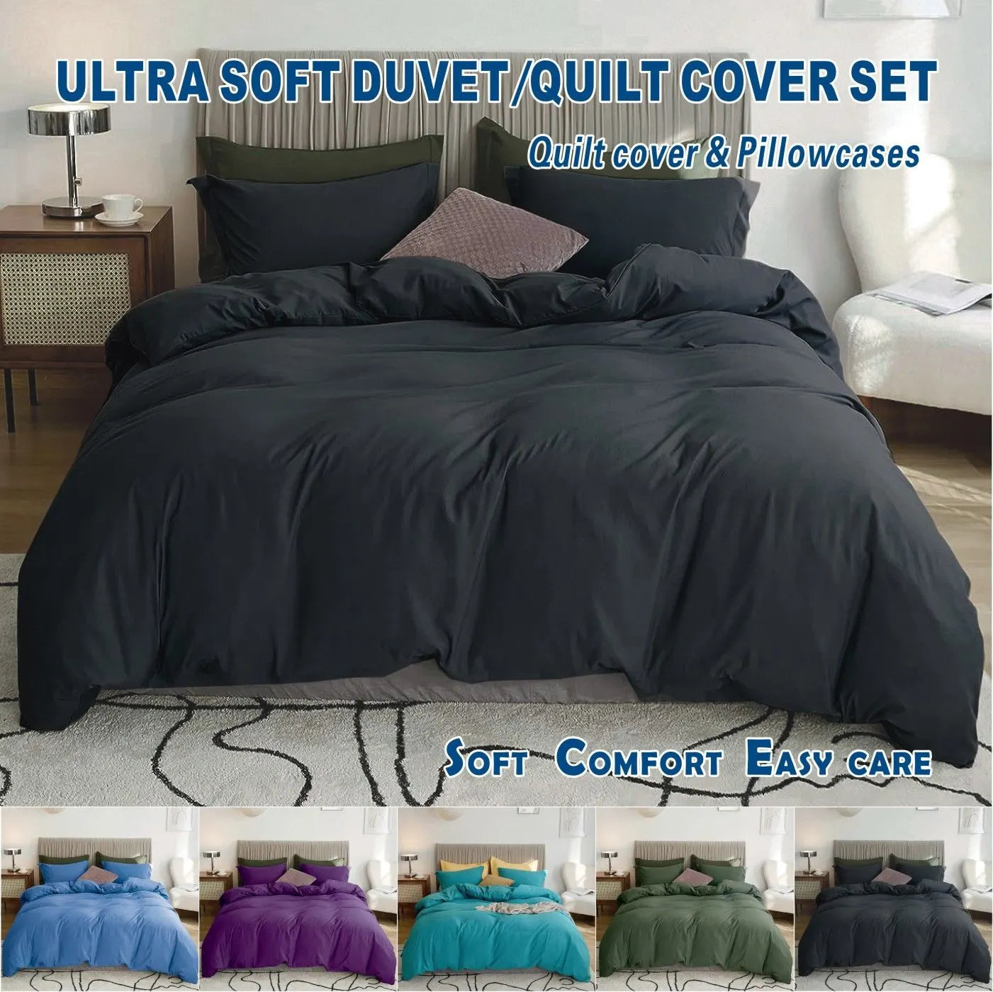 3 Piece Hotel Soft Microfiber Quilt Cover Set-2000TC Duvet/Donna Cover Set & Pillowcases -1 Quilt Cover Zipper Closure & 1 x Pillowcases-Breathable Bedding - Wrinkle, Fade, Stain Resistant(Black,Super King)