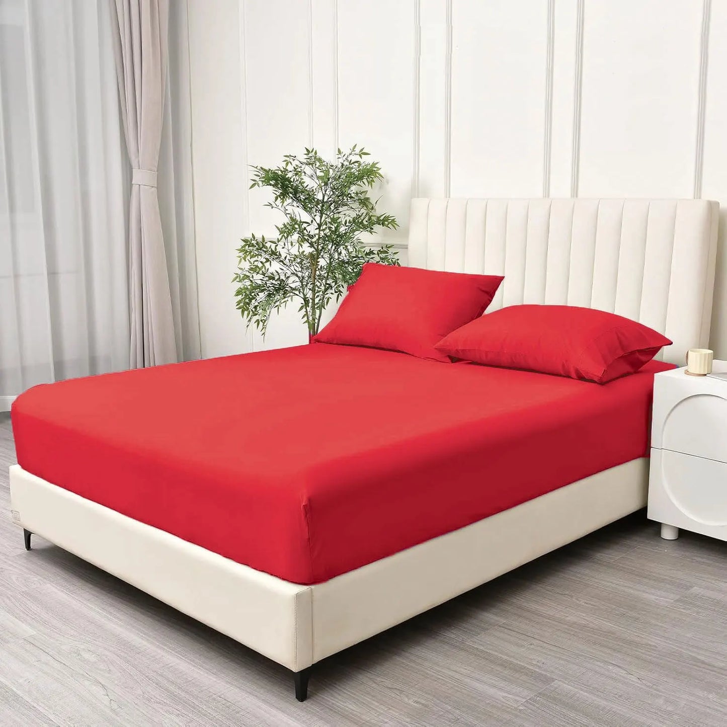 3 Piece Fitted Sheet Set- Fitted Sheet & Pillowcases -Breathable Bedding - Wrinkle, Fade, Stain Resistant- 40cm Deep Pocket Fitted Bed Sheet Set(Red,Super King) - Image 2