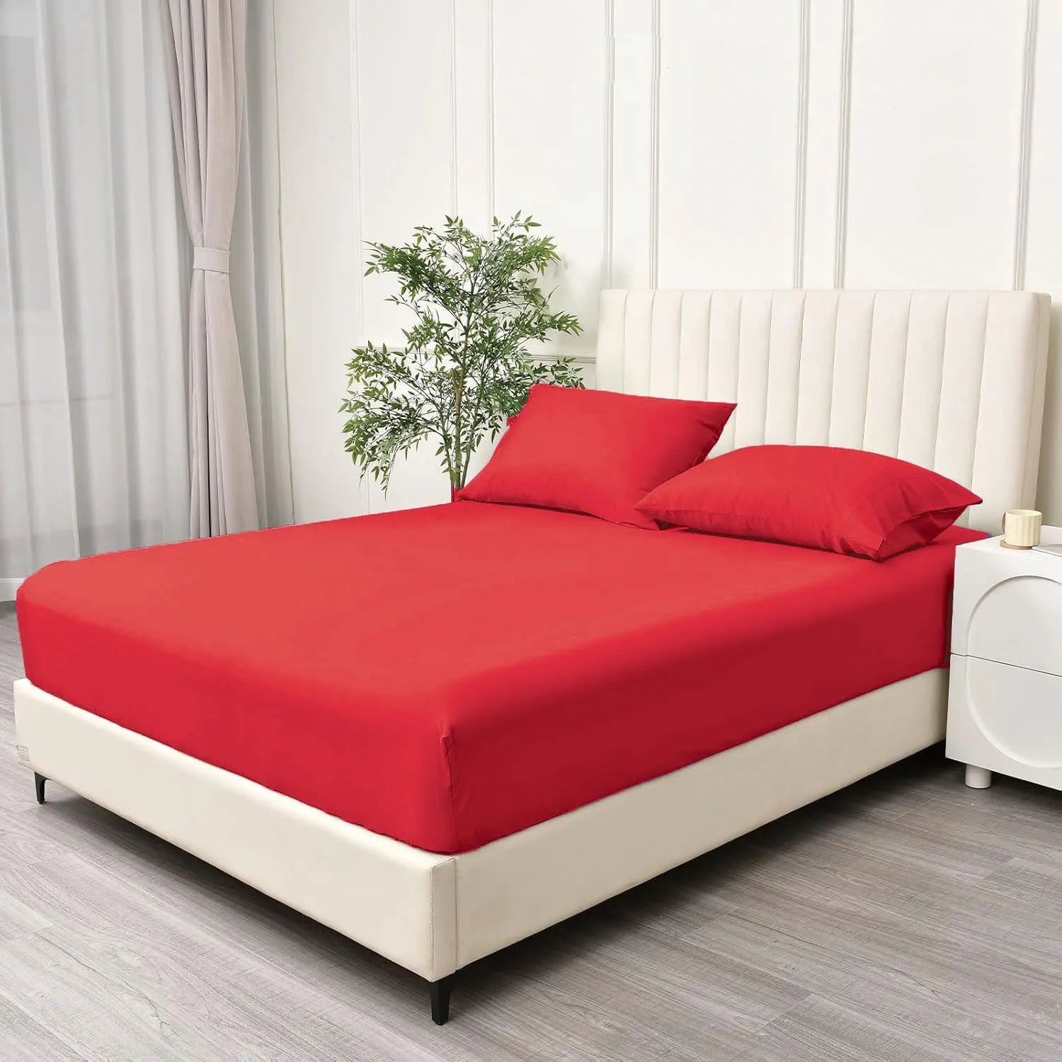 3 Piece Fitted Sheet Set- Fitted Sheet & Pillowcases -Breathable Bedding - Wrinkle, Fade, Stain Resistant- 40cm Deep Pocket Fitted Bed Sheet Set(Red,Super King) - Image 2