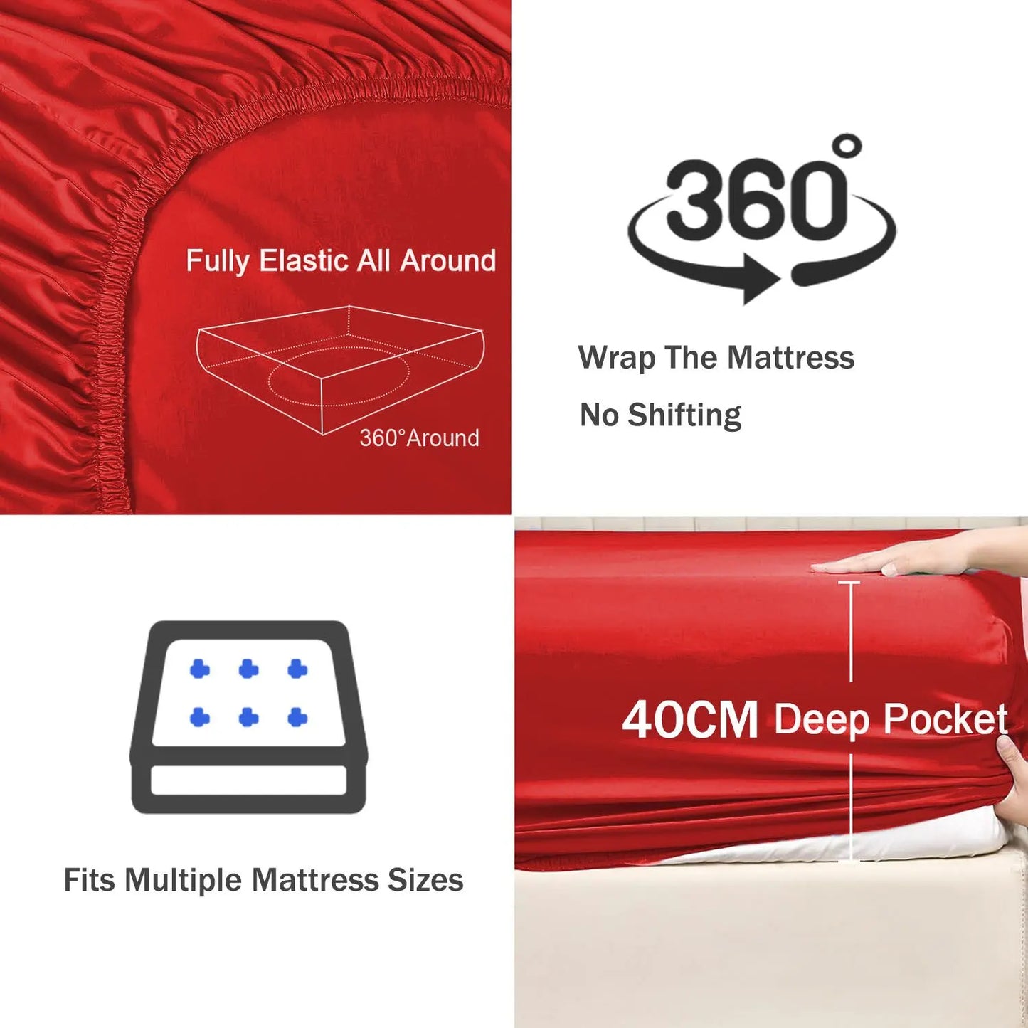 3 Piece Fitted Sheet Set- Fitted Sheet & Pillowcases -Breathable Bedding - Wrinkle, Fade, Stain Resistant- 40cm Deep Pocket Fitted Bed Sheet Set(Red,Super King) - Image 3