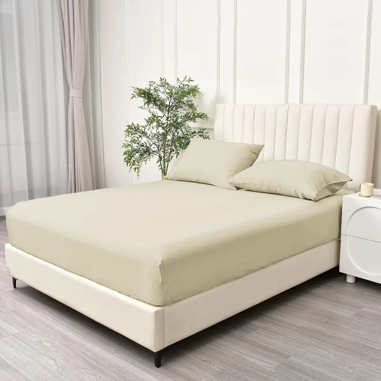 3 Piece Fitted Sheet Set- Fitted Sheet & Pillowcases -Breathable Bedding - Wrinkle, Fade, Stain Resistant- 40cm Deep Pocket Fitted Bed Sheet Set(Cream White,Super King) - Image 2