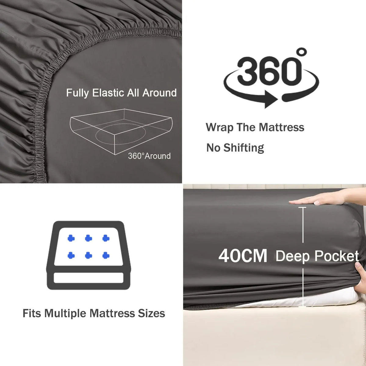 3 Piece Fitted Sheet Set- Fitted Sheet & Pillowcases -Breathable Bedding - Wrinkle, Fade, Stain Resistant- 40cm Deep Pocket Fitted Bed Sheet Set(Dark gray,Super King) - Image 3
