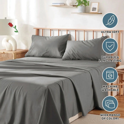 4 Piece Bed Sheet Set- Bedding Sheets & Pillowcases -Breathable Bedding - Wrinkle, Fade, Stain Resistant-Deep Pocket Flat Fitted Bed Sheet Set(Grey,Super King) - Image 7