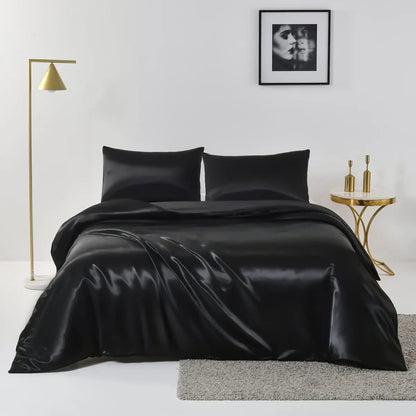 Satin Quilt cover Set Hotel 3 Pieces Quilt cover with Pillowcase, Art Silk Bedding Set-Luxury Soft Silky pillowcase for Hair and Skin, Similar to Silk Duvet/Donna Cover Set- 3 Pieces(Double,Black)
