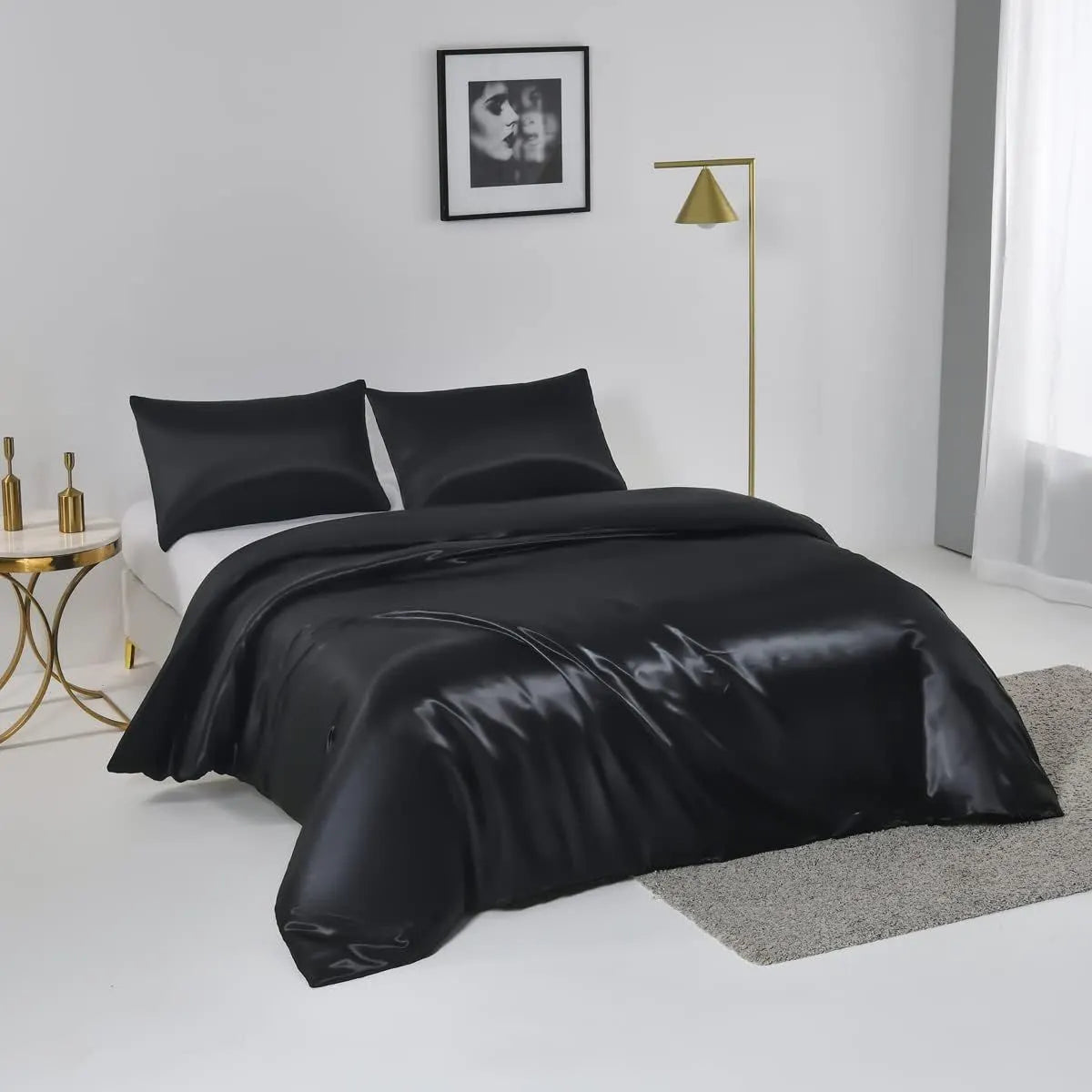 Satin Quilt cover Set Hotel 3 Pieces Quilt cover with Pillowcase, Art Silk Bedding Set-Luxury Soft Silky pillowcase for Hair and Skin, Similar to Silk Duvet/Donna Cover Set- 3 Pieces(Double,Black) - Image 2