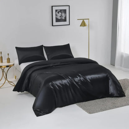 Satin Quilt cover Set Hotel 3 Pieces Quilt cover with Pillowcase, Art Silk Bedding Set-Luxury Soft Silky pillowcase for Hair and Skin, Similar to Silk Duvet/Donna Cover Set- 3 Pieces(Double,Black) - Image 2