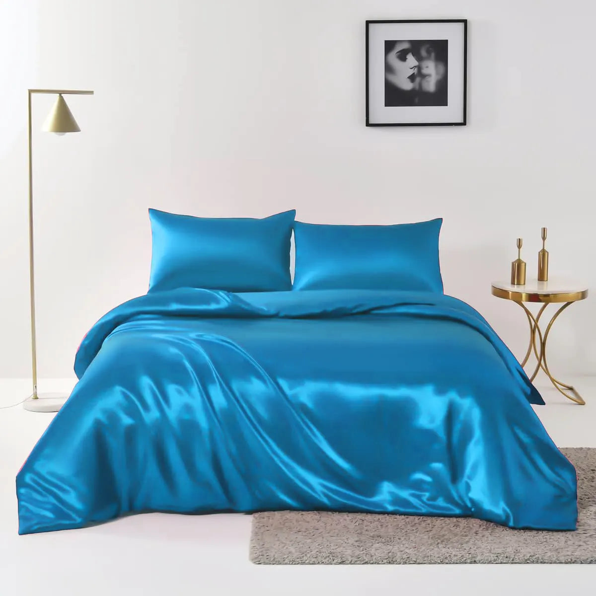 Satin Quilt cover Set Hotel 3 Pieces Quilt cover with Pillowcase, Art Silk Bedding Set-Luxury Soft Silky pillowcase for Hair and Skin, Similar to Silk Duvet/Donna Cover Set- 3 Pieces(Double,Ocean) - Image 2