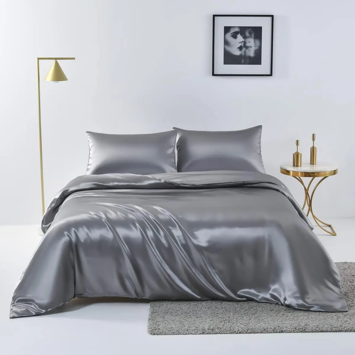 Satin Quilt cover Set Hotel 3 Pieces Quilt cover with Pillowcase, Art Silk Bedding Set-Luxury Soft Silky pillowcase for Hair and Skin, Similar to Silk Duvet/Donna Cover Set- 3 Pieces(Double,Grey)