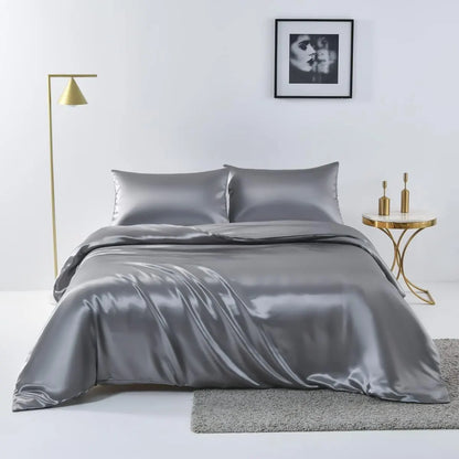Satin Quilt cover Set Hotel 3 Pieces Quilt cover with Pillowcase, Art Silk Bedding Set-Luxury Soft Silky pillowcase for Hair and Skin, Similar to Silk Duvet/Donna Cover Set- 3 Pieces(Double,Grey)