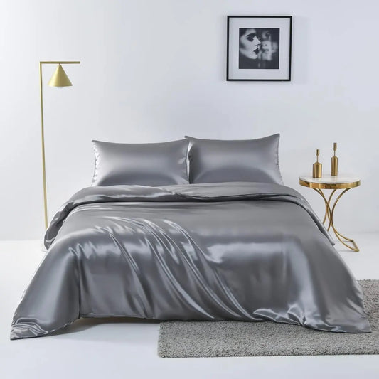 Satin Quilt cover Set Hotel 3 Pieces Quilt cover with Pillowcase, Art Silk Bedding Set-Luxury Soft Silky pillowcase for Hair and Skin, Similar to Silk Duvet/Donna Cover Set- 3 Pieces(Double,Grey)