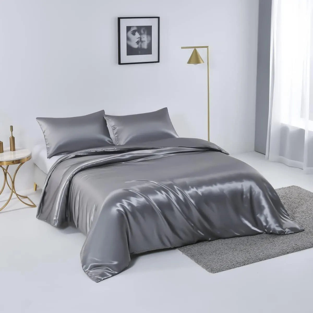 Satin Quilt cover Set Hotel 3 Pieces Quilt cover with Pillowcase, Art Silk Bedding Set-Luxury Soft Silky pillowcase for Hair and Skin, Similar to Silk Duvet/Donna Cover Set- 3 Pieces(Double,Grey) - Image 2