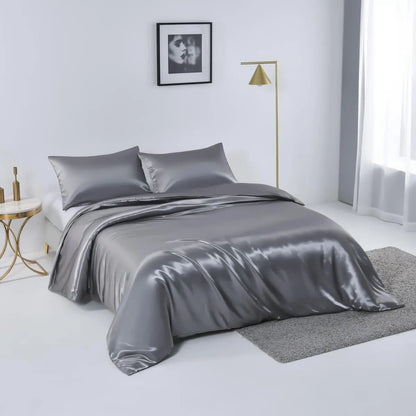 Satin Quilt cover Set Hotel 3 Pieces Quilt cover with Pillowcase, Art Silk Bedding Set-Luxury Soft Silky pillowcase for Hair and Skin, Similar to Silk Duvet/Donna Cover Set- 3 Pieces(Double,Grey) - Image 2