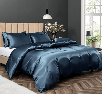 Satin Quilt cover Set Hotel 3 Pieces Quilt cover with Pillowcase, Art Silk Bedding Set-Luxury Soft Silky pillowcase for Hair and Skin, Similar to Silk Duvet/Donna Cover Set- 3 Pieces(Double,Navy) - Image 2