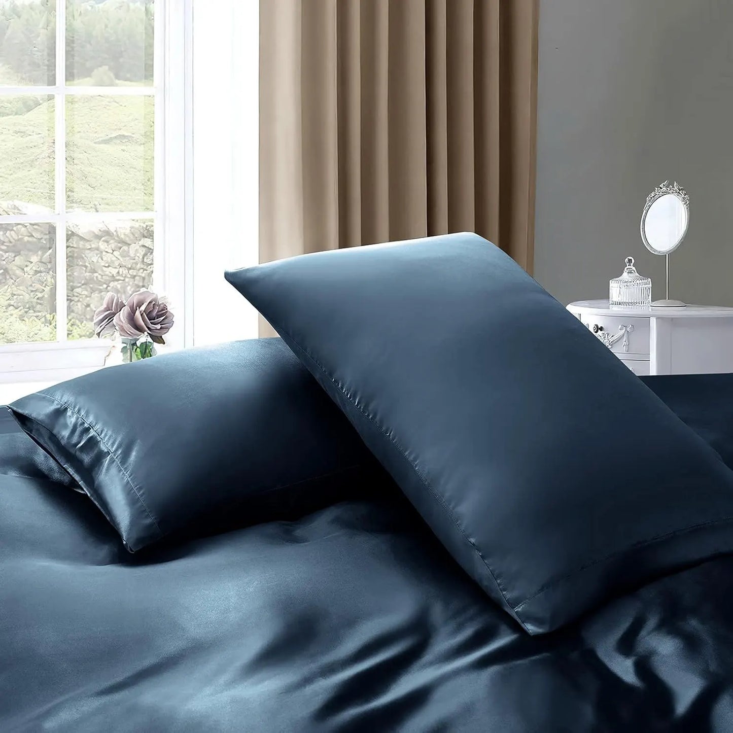 Satin Quilt cover Set Hotel 3 Pieces Quilt cover with Pillowcase, Art Silk Bedding Set-Luxury Soft Silky pillowcase for Hair and Skin, Similar to Silk Duvet/Donna Cover Set- 3 Pieces(Double,Navy) - Image 6