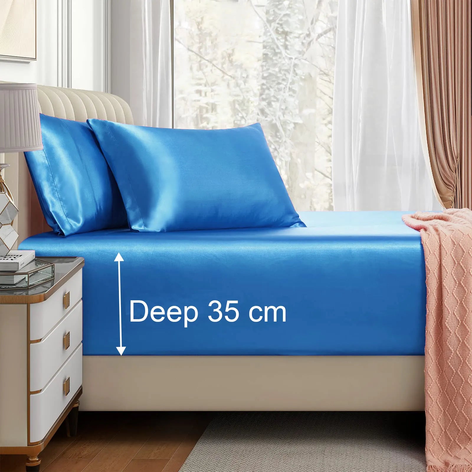 Satin Fitted Sheet Set Hotel 3 Pieces Fitted Sheet with Pillowcase, Art Silk Bedding Set-Luxury Soft Silky Sheets for Hair and Skin, Similar to Silk Fitted Sheets Set 3 Pieces(Double,Ocean)