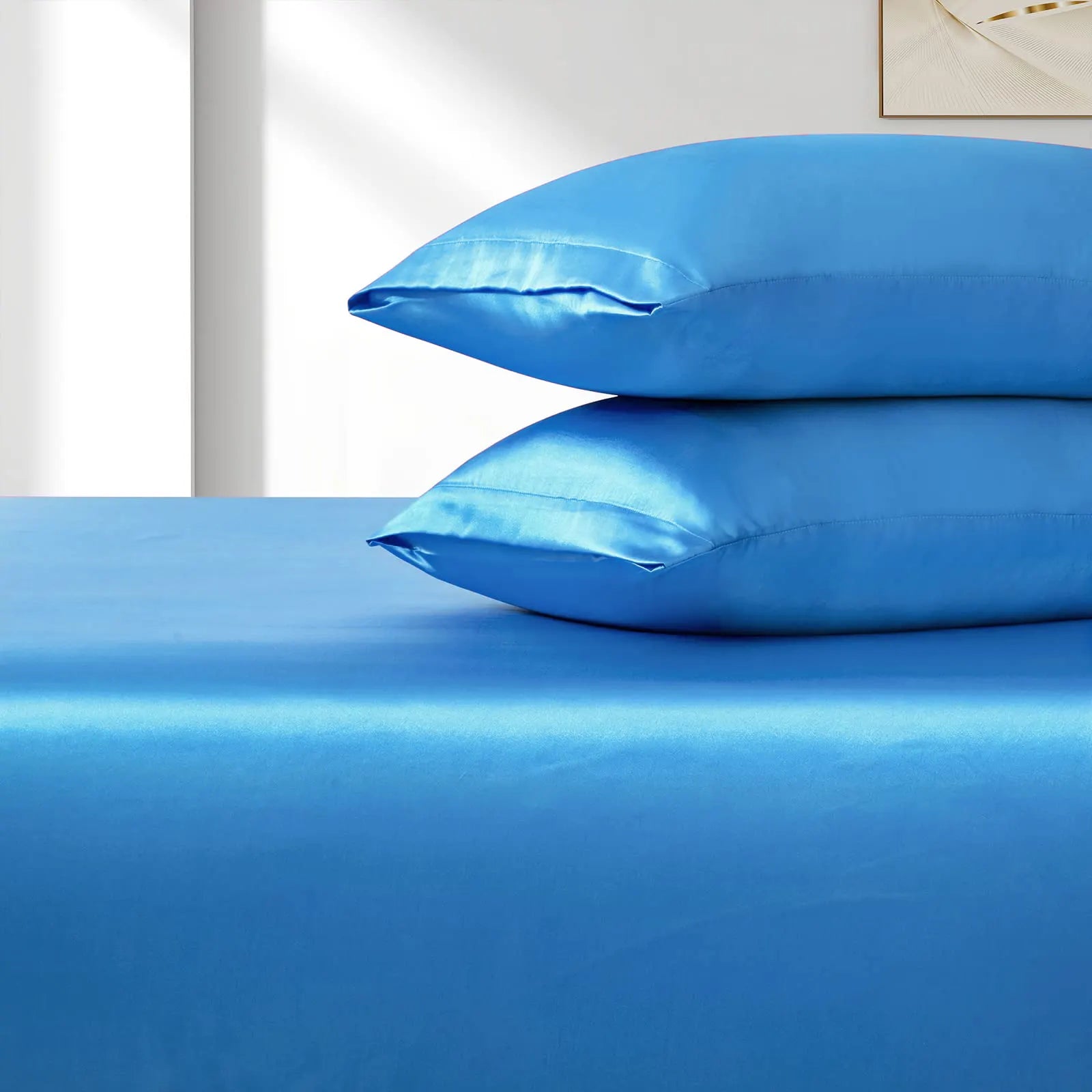Satin Fitted Sheet Set Hotel 3 Pieces Fitted Sheet with Pillowcase, Art Silk Bedding Set-Luxury Soft Silky Sheets for Hair and Skin, Similar to Silk Fitted Sheets Set 3 Pieces(Double,Ocean) - Image 3