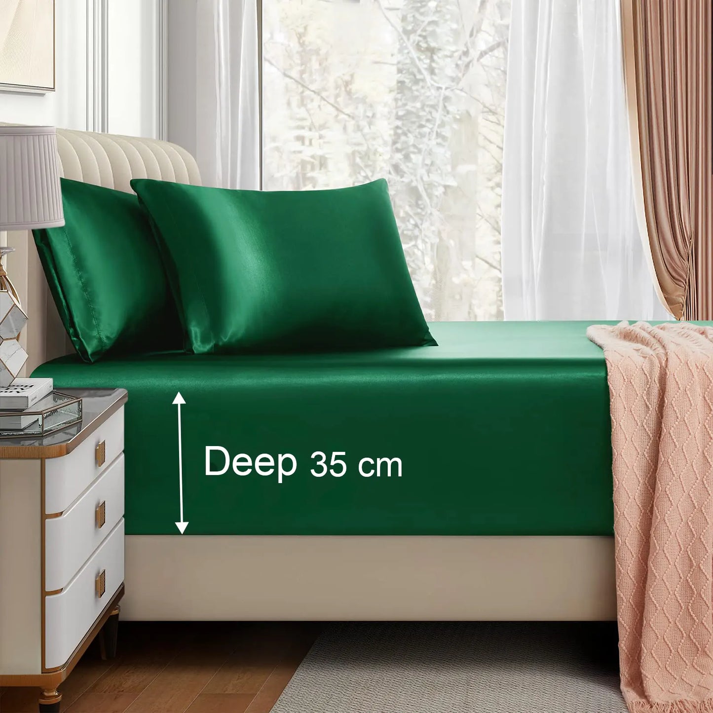 Satin Fitted Sheet Set Hotel 3 Pieces Fitted Sheet with Pillowcase, Art Silk Bedding Set-Luxury Soft Silky Sheets for Hair and Skin, Similar to Silk Fitted Sheets Set 3 Pieces(Double,Green)