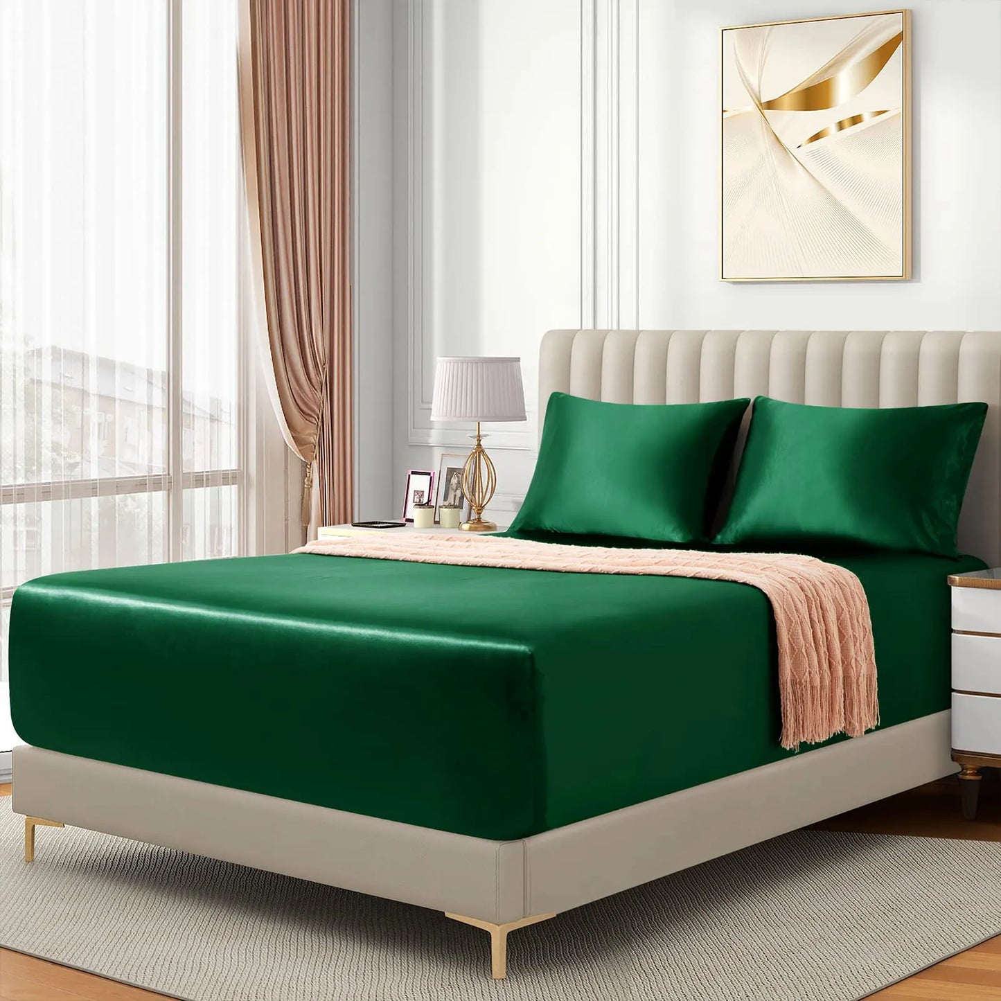 Satin Fitted Sheet Set Hotel 3 Pieces Fitted Sheet with Pillowcase, Art Silk Bedding Set-Luxury Soft Silky Sheets for Hair and Skin, Similar to Silk Fitted Sheets Set 3 Pieces(Double,Green) - Image 3