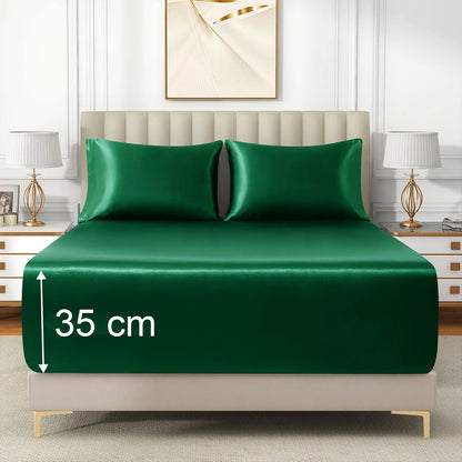 Satin Fitted Sheet Set Hotel 3 Pieces Fitted Sheet with Pillowcase, Art Silk Bedding Set-Luxury Soft Silky Sheets for Hair and Skin, Similar to Silk Fitted Sheets Set 3 Pieces(Double,Green) - Image 5