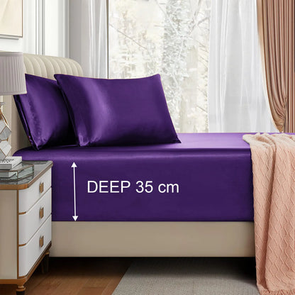 Satin Fitted Sheet Set Hotel 3 Pieces Fitted Sheet with Pillowcase, Art Silk Bedding Set-Luxury Soft Silky Sheets for Hair and Skin, Similar to Silk Fitted Sheets Set 3 Pieces(Double,Purple)