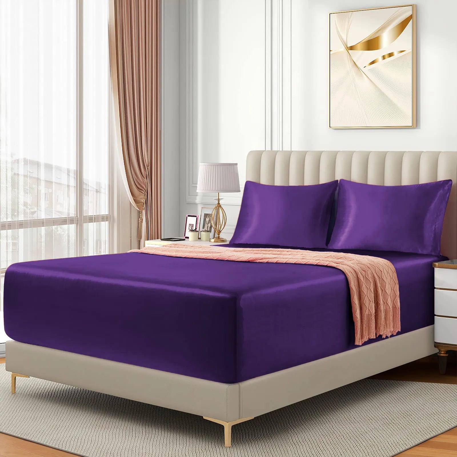 Satin Fitted Sheet Set Hotel 3 Pieces Fitted Sheet with Pillowcase, Art Silk Bedding Set-Luxury Soft Silky Sheets for Hair and Skin, Similar to Silk Fitted Sheets Set 3 Pieces(Double,Purple) - Image 2