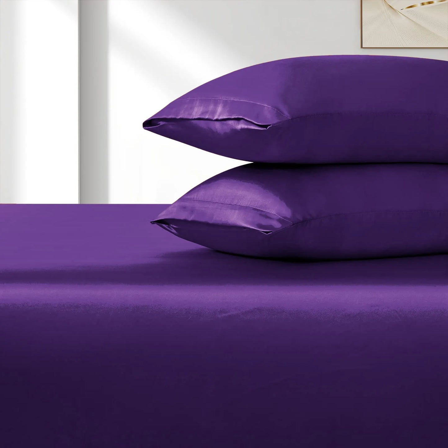 Satin Fitted Sheet Set Hotel 3 Pieces Fitted Sheet with Pillowcase, Art Silk Bedding Set-Luxury Soft Silky Sheets for Hair and Skin, Similar to Silk Fitted Sheets Set 3 Pieces(Double,Purple) - Image 4