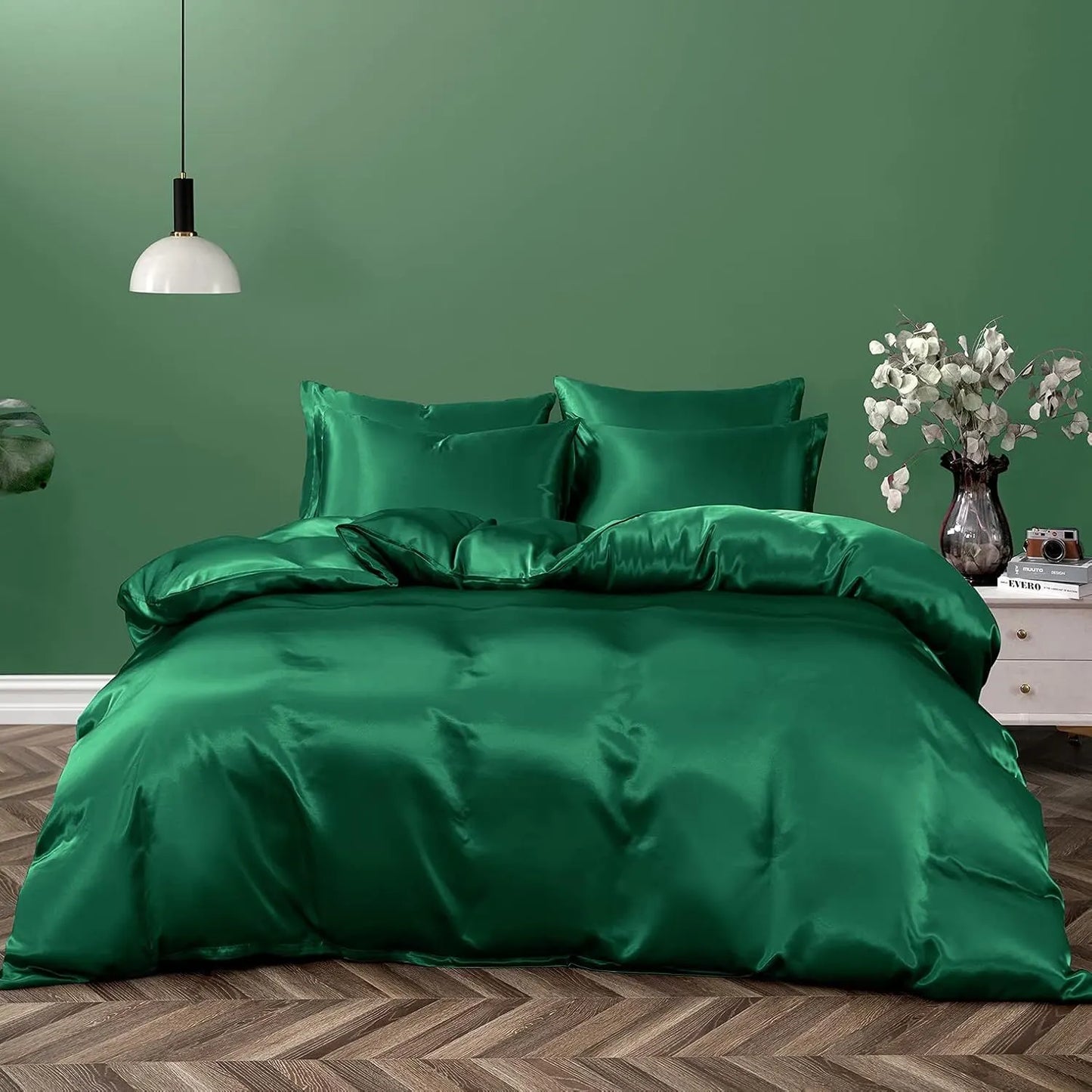 Satin Quilt cover Set Hotel 3 Pieces Quilt cover with Pillowcase, Art Silk Bedding Set-Luxury Soft Silky pillowcase for Hair and Skin, Similar to Silk Duvet/Donna Cover Set- 3 Pieces(King,Green) - Image 2