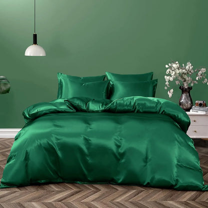 Satin Quilt cover Set Hotel 3 Pieces Quilt cover with Pillowcase, Art Silk Bedding Set-Luxury Soft Silky pillowcase for Hair and Skin, Similar to Silk Duvet/Donna Cover Set- 3 Pieces(King,Green) - Image 2
