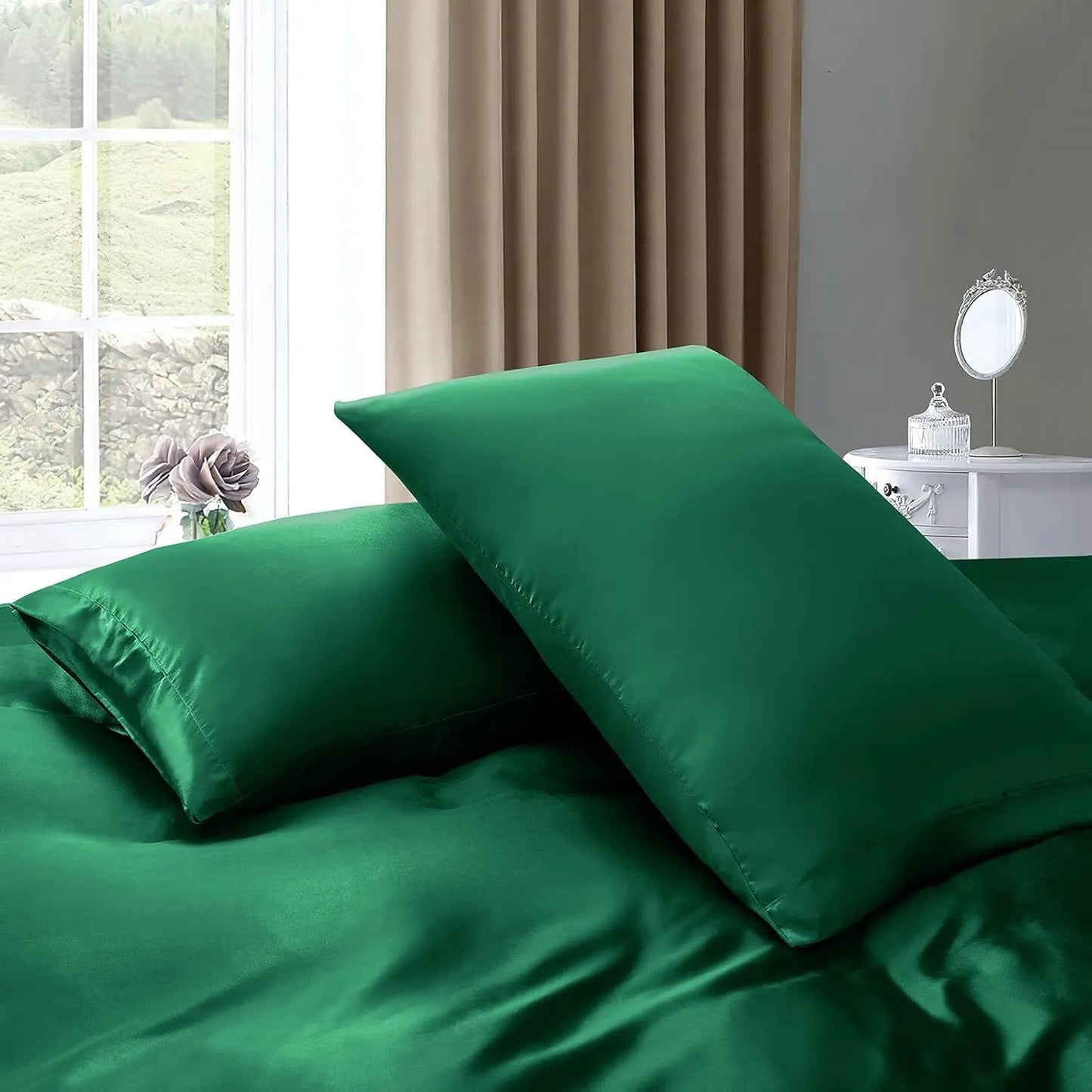 Satin Quilt cover Set Hotel 3 Pieces Quilt cover with Pillowcase, Art Silk Bedding Set-Luxury Soft Silky pillowcase for Hair and Skin, Similar to Silk Duvet/Donna Cover Set- 3 Pieces(King,Green) - Image 5