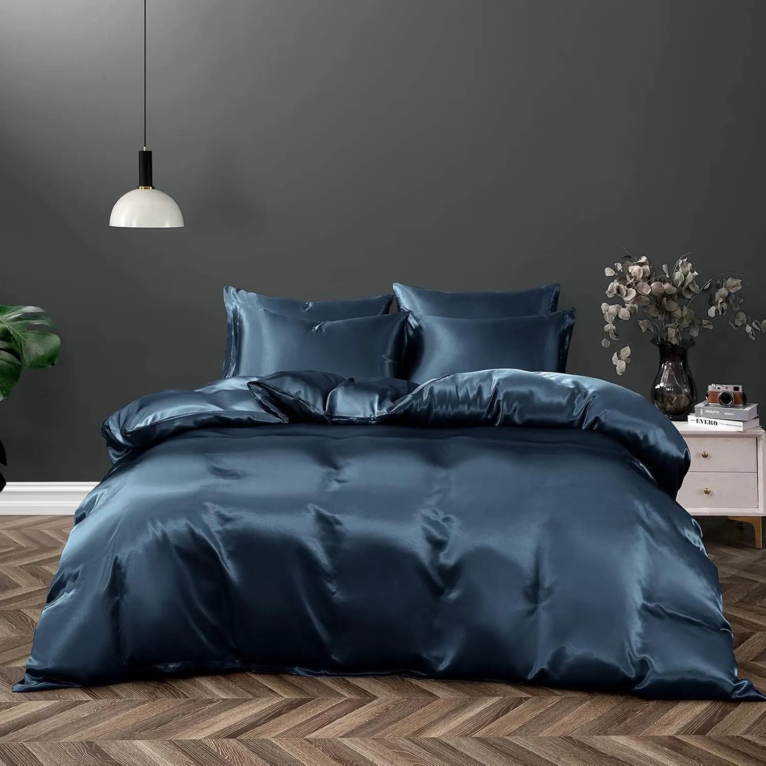 Satin Quilt cover Set Hotel 3 Pieces Quilt cover with Pillowcase, Art Silk Bedding Set-Luxury Soft Silky pillowcase for Hair and Skin, Similar to Silk Duvet/Donna Cover Set- 3 Pieces(King,Navy)