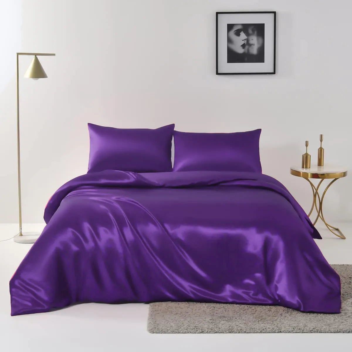 Satin Quilt cover Set Hotel 3 Pieces Quilt cover with Pillowcase, Art Silk Bedding Set-Luxury Soft Silky pillowcase for Hair and Skin, Similar to Silk Duvet/Donna Cover Set- 3 Pieces(King,Purple)