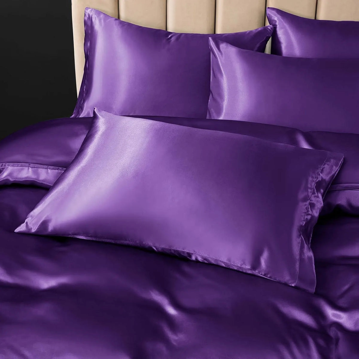Satin Quilt cover Set Hotel 3 Pieces Quilt cover with Pillowcase, Art Silk Bedding Set-Luxury Soft Silky pillowcase for Hair and Skin, Similar to Silk Duvet/Donna Cover Set- 3 Pieces(King,Purple) - Image 6