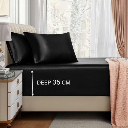 Satin Fitted Sheet Set Hotel 3 Pieces Fitted Sheet with Pillowcase, Art Silk Bedding Set-Luxury Soft Silky Sheets for Hair and Skin, Similar to Silk Fitted Sheets Set 3 Pieces(King,Black)