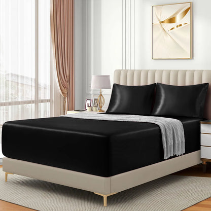 Satin Fitted Sheet Set Hotel 3 Pieces Fitted Sheet with Pillowcase, Art Silk Bedding Set-Luxury Soft Silky Sheets for Hair and Skin, Similar to Silk Fitted Sheets Set 3 Pieces(King,Black) - Image 2