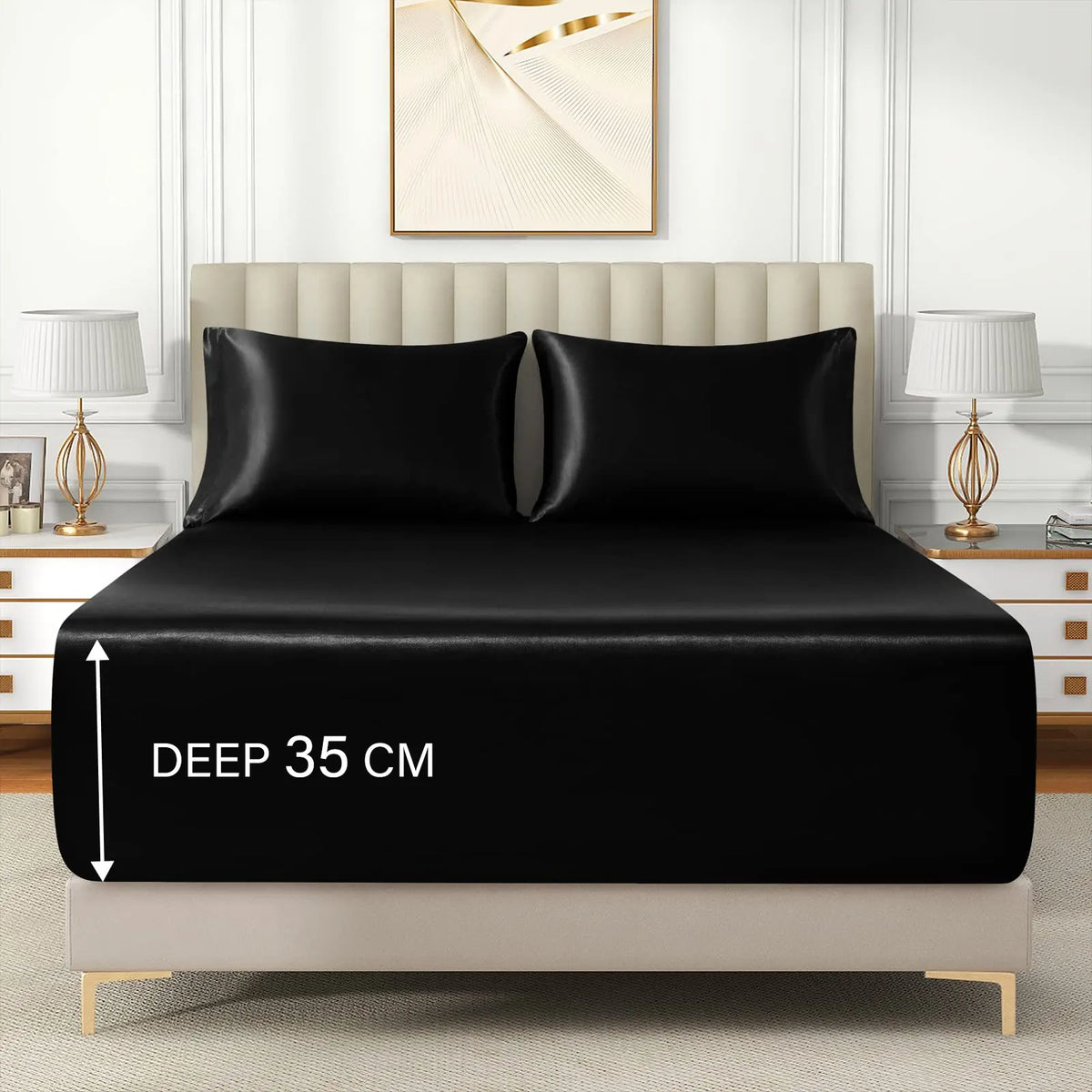 Satin Fitted Sheet Set Hotel 3 Pieces Fitted Sheet with Pillowcase, Art Silk Bedding Set-Luxury Soft Silky Sheets for Hair and Skin, Similar to Silk Fitted Sheets Set 3 Pieces(King,Black) - Image 5