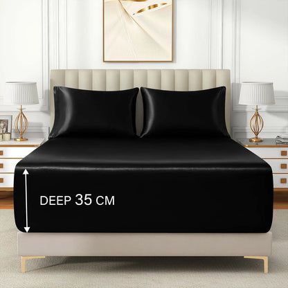Satin Fitted Sheet Set Hotel 3 Pieces Fitted Sheet with Pillowcase, Art Silk Bedding Set-Luxury Soft Silky Sheets for Hair and Skin, Similar to Silk Fitted Sheets Set 3 Pieces(King,Black) - Image 5