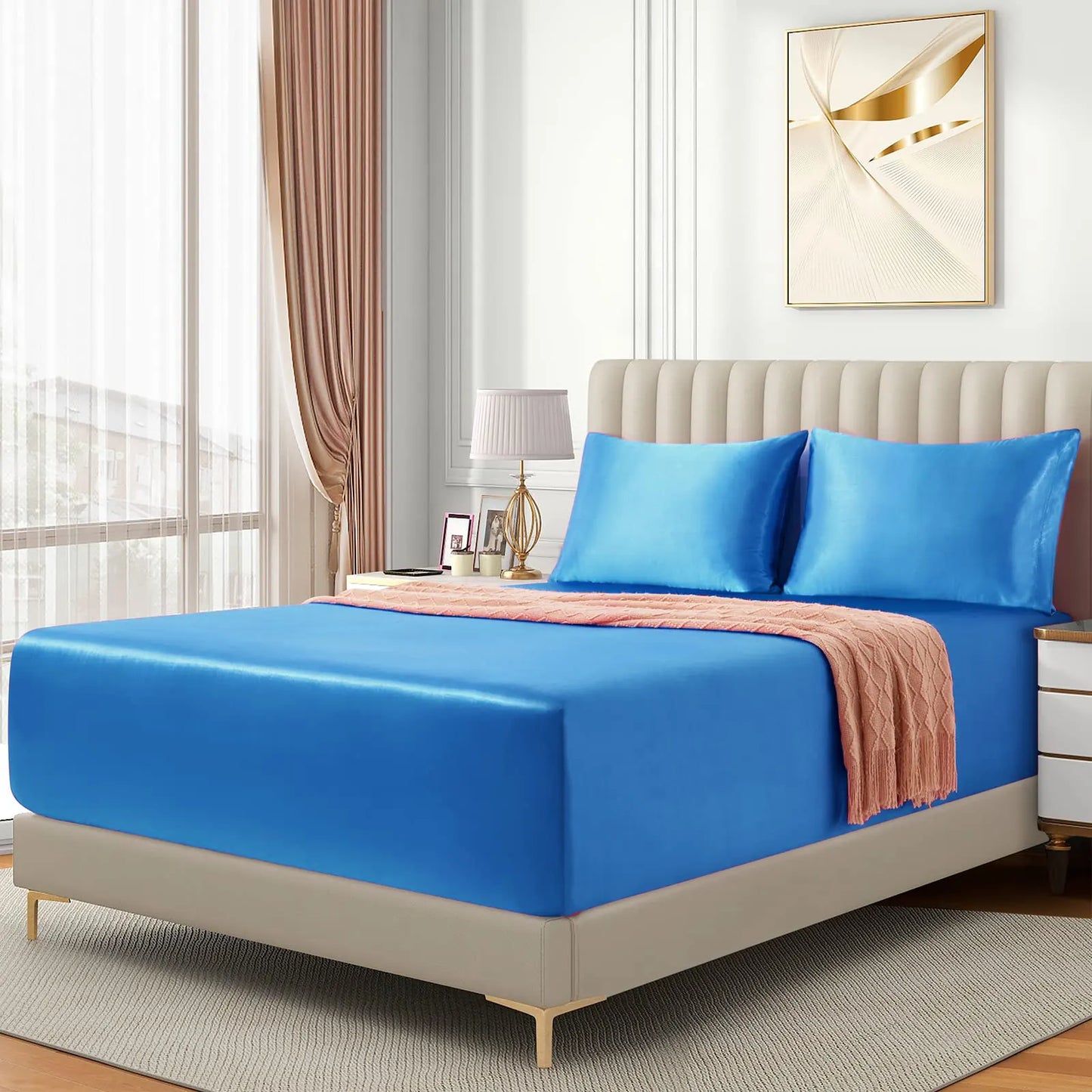 Satin Fitted Sheet Set Hotel 3 Pieces Fitted Sheet with Pillowcase, Art Silk Bedding Set-Luxury Soft Silky Sheets for Hair and Skin, Similar to Silk Fitted Sheets Set 3 Pieces(King,Ocean) - Image 2