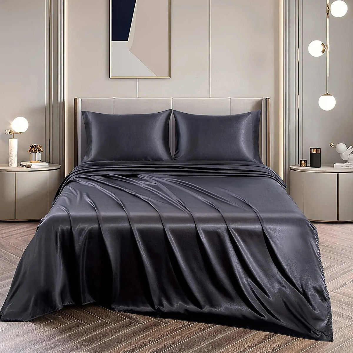 Art Silk Satin Sheet Set Hotel 3 Pieces Fitted/Flat Sheet Bedding Set-Luxury Soft Silky Sheets for Hair and Skin, Similar to Silk Bed Sheets Set 3 Pieces(King Single,Black)