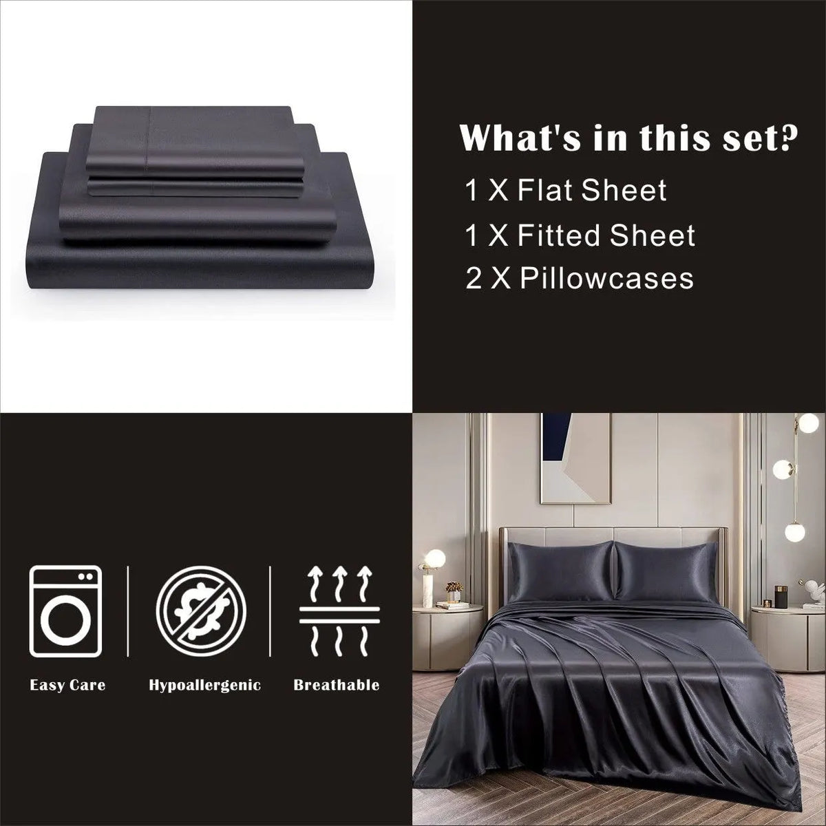 Art Silk Satin Sheet Set Hotel 3 Pieces Fitted/Flat Sheet Bedding Set-Luxury Soft Silky Sheets for Hair and Skin, Similar to Silk Bed Sheets Set 3 Pieces(King Single,Black) - Image 5