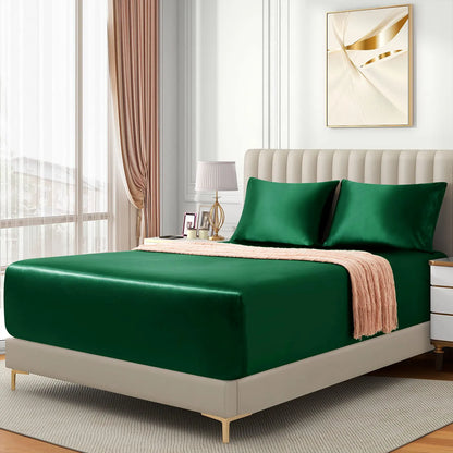 Satin Fitted Sheet Set Hotel 3 Pieces Fitted Sheet with Pillowcase, Art Silk Bedding Set-Luxury Soft Silky Sheets for Hair and Skin, Similar to Silk Fitted Sheets Set 3 Pieces(Queen,Green) - Image 3