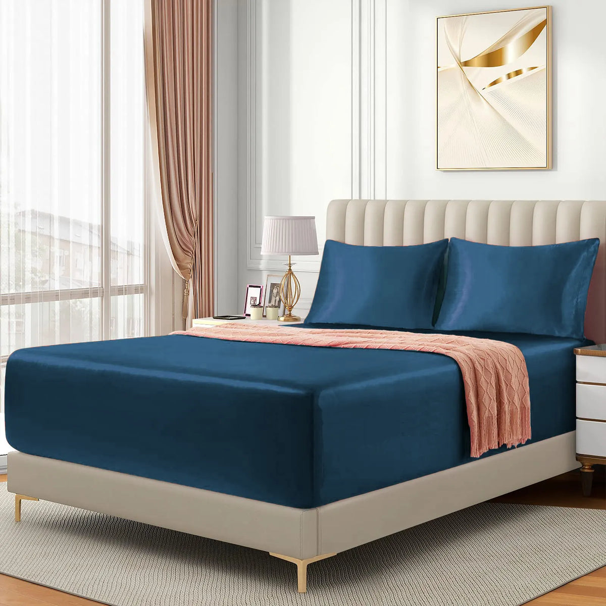 Satin Fitted Sheet Set Hotel 3 Pieces Fitted Sheet with Pillowcase, Art Silk Bedding Set-Luxury Soft Silky Sheets for Hair and Skin, Similar to Silk Fitted Sheets Set 3 Pieces(Queen,Navy) - Image 2