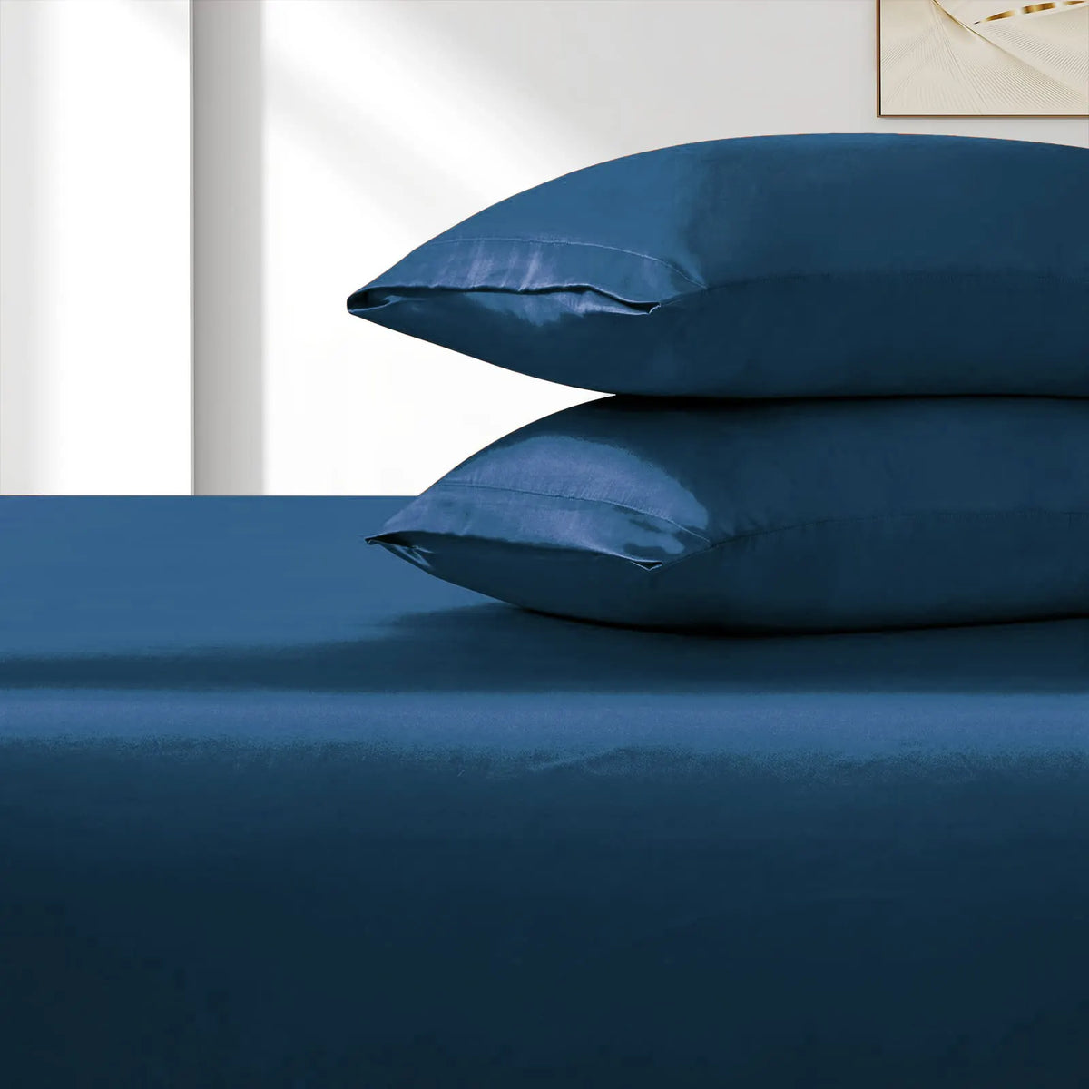 Satin Fitted Sheet Set Hotel 3 Pieces Fitted Sheet with Pillowcase, Art Silk Bedding Set-Luxury Soft Silky Sheets for Hair and Skin, Similar to Silk Fitted Sheets Set 3 Pieces(Queen,Navy) - Image 4
