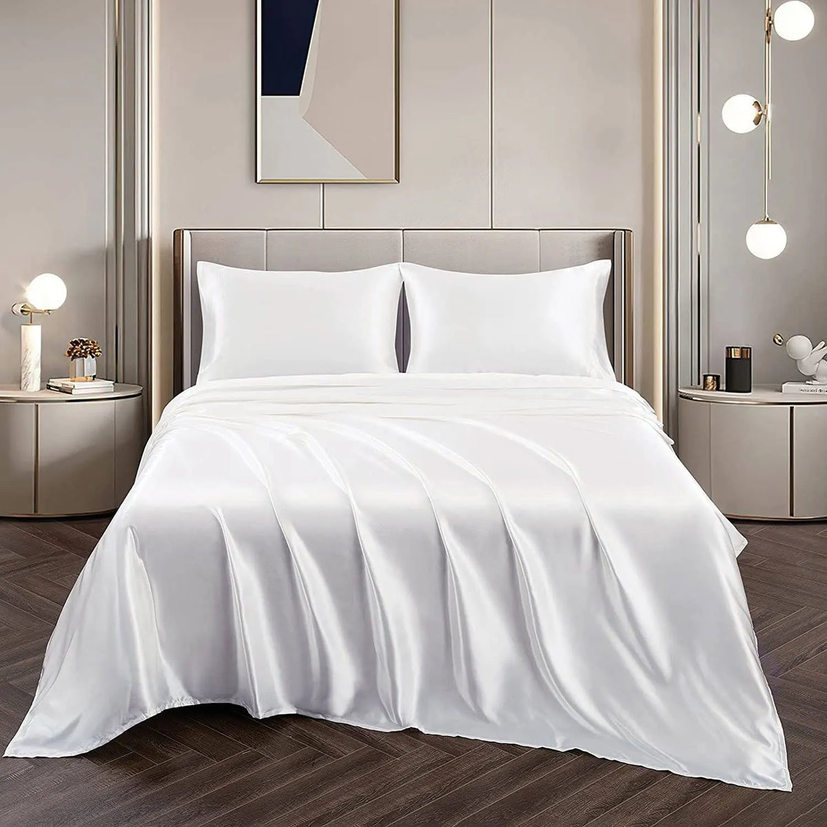Art Silk Satin Sheet Set Hotel 4 Pieces Fitted/Flat Sheet Bedding Set-Luxury Soft Silky Sheets for Hair and Skin, Similar to Silk Bed Sheets Set 4 Pieces(Queen,White)